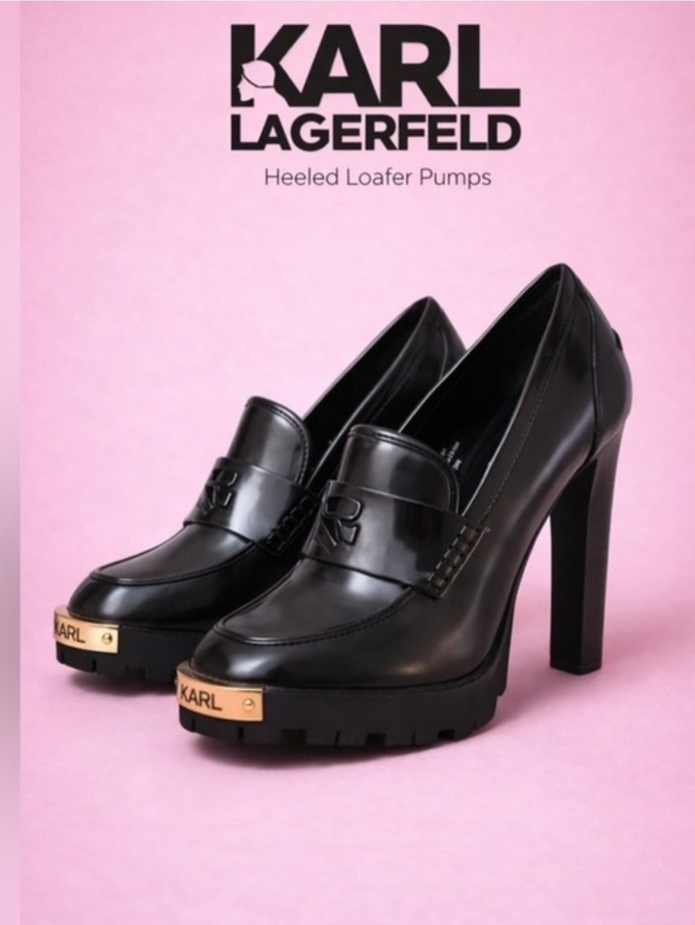 Karl Lagerfeld Black Patent Loafers with Gold Accents - Picture 6 of 10